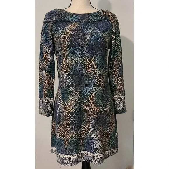 ARYEH Anthropologie PRINT FITTED Dress Knit Sz LARGE Long Sleeve Boho - Picture 1 of 8